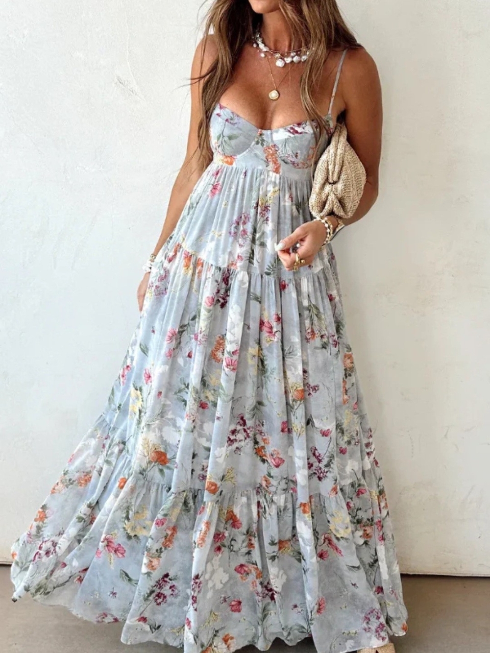 Floral Spaghetti-Strap Maxi Dress - Light Blue NWOT